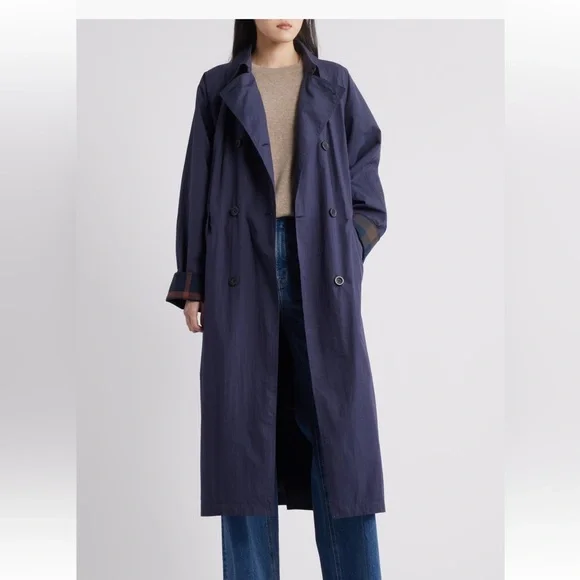 $220 NWT BERNARDO Longline Belted Rain Trench Coat jacket Navy Blue Plaid XL - Picture 4 of 5